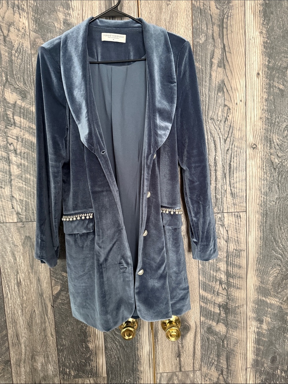 Naked Wardrobe Velvet Blazer Dress in Slate Blue with Embellished Pockets Medium